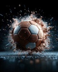 Fototapeta premium Powerful soccer kick launches ball into the air with dramatic motion blur and earth-shattering impact