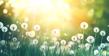 Obraz premium Sunlit Meadow with Dandelions and Seeds Floating