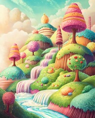 Whimsical candy landscape painting