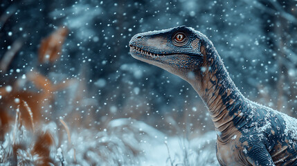 Fototapeta premium captivating view of dinosaur standing tall amidst snowy landscape, its gaze filled with curiosity as snowflakes softly fall around it