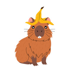 Funny capybara with banana peel on head. Kawaii herbivorous rodent. Hand drawn illustration on white background. Banana skin.
