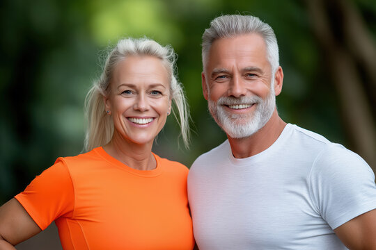 Active senior couple enjoying a healthy jog together in the park during a sunny afternoon - Powered by Adobe