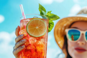 A person sipping a refreshing iced tea on a hot summer day, refreshment.