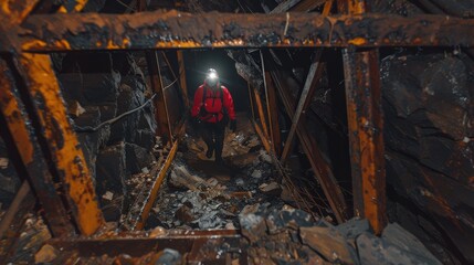 Miner Walking Through Narrow Underground Shaft Holding Flashlight