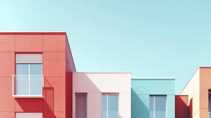 Architectural Harmony: A vibrant composition of colorful modern buildings forms a visually striking arrangement against a clear sky.