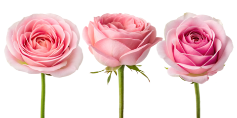 Three Different Style Blooming Pink Roses on White, Fresh Pink Roses, Beautiful Flower Display, Cut Out