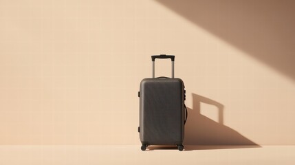 Journey's Start: A modern suitcase stands alone, casting a shadow on a softly illuminated wall, evoking anticipation for travel and new adventures.