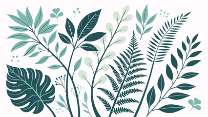 Elegant Botanical Foliage Illustration – Lush Green Leaves, Ferns, and Wild Plants in a Modern Nature-Inspired Design
