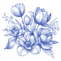 Botanical aesthetic illustration. Meadow and garden flowers. Blue. Tulips 