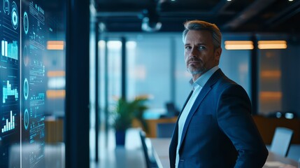 Strategic Vision: A confident executive, framed by futuristic data displays in a modern office, exudes authority and leadership. The scene conveys innovation, expertise.