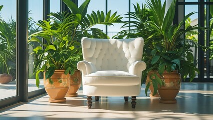 Fototapeta premium Sunlit Room with White Tufted Armchair and Lush Green Plants - Cozy and Serene Indoor Space