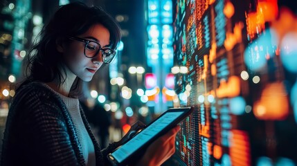 Woman engaged with Technology: A focused young woman engrossed in the vibrant glow of a digital tablet, illuminated by the colorful display of a financial data panel.