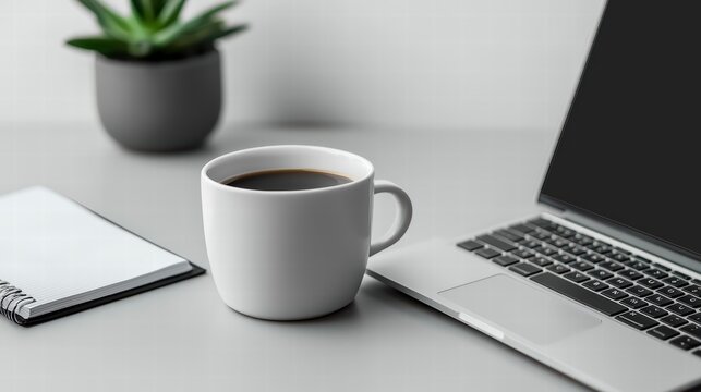 Workplace Essentials: A minimalist workspace showcases a cup of black coffee, notebook, a laptop and a small potted succulent plant. This setup symbolizes productivity, focus.