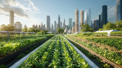 Fototapeta premium A Futuristic City Combines Agriculture and Modern Architectural Skyscrapers