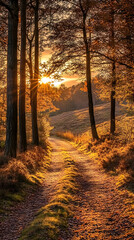Obraz premium A forest in autumn, with trees adorned by golden leaves and sunlight filtering through the branches 