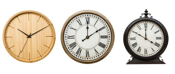Three clocks showing different styles on a transparent background