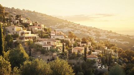 Fototapeta premium Hillside homes at sunset, Mediterranean village.