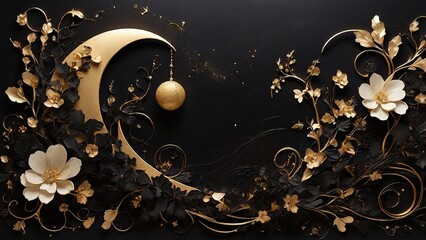 "Golden Crescent Moon with Floral Ornamentation"