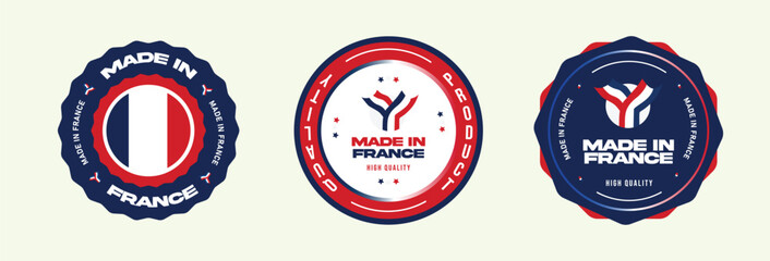 Set of Made in France labels. France stamp for product. High-quality French products. Best for stamp, sign, sticker, badge, symbol, emblem, logo print with the French flag. Vector illustration.