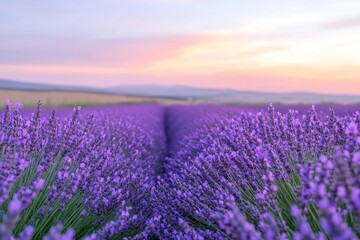 lavender fields stretching to the horizon, accentuating the contrast of violet flora against the serene evening sky