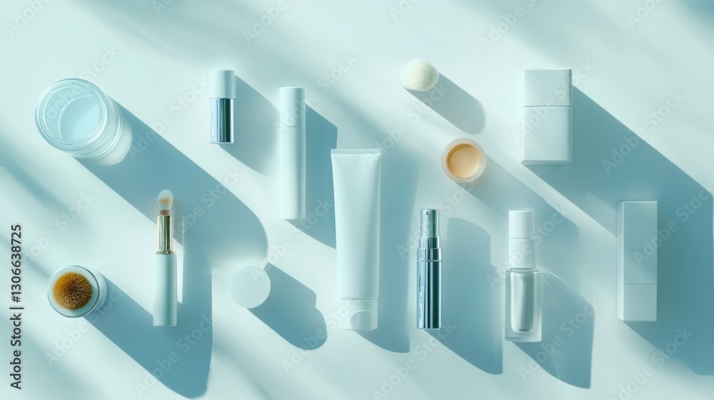 Poster assorted cosmetic items creatively arranged on a white background with pastel shadows for beauty and