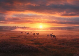 vast moorland with roaming deer, highlighted by the rising sun, creating a vibrant and colorful landscape