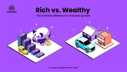 Rich vs. Wealthy – Income vs. Long-Term Wealth Growth Illustrated with Money, Assets, and Financial Mindset Icons | Business and Wealth Vector Design