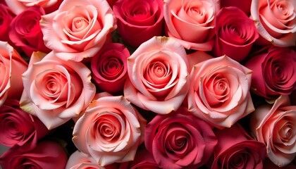 Obraz premium Close-up shot of a dense arrangement of roses in various shades of pink and red, creating a rich, textured floral background