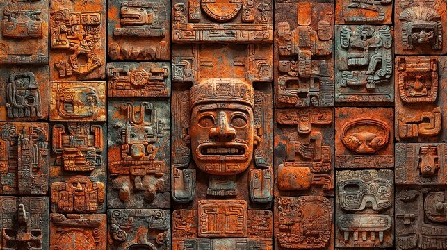 Mayan Glyphs Pattern, intricate ancient script design, seamless layout, earthy color palette, ideal for cultural projects and artistic applications.