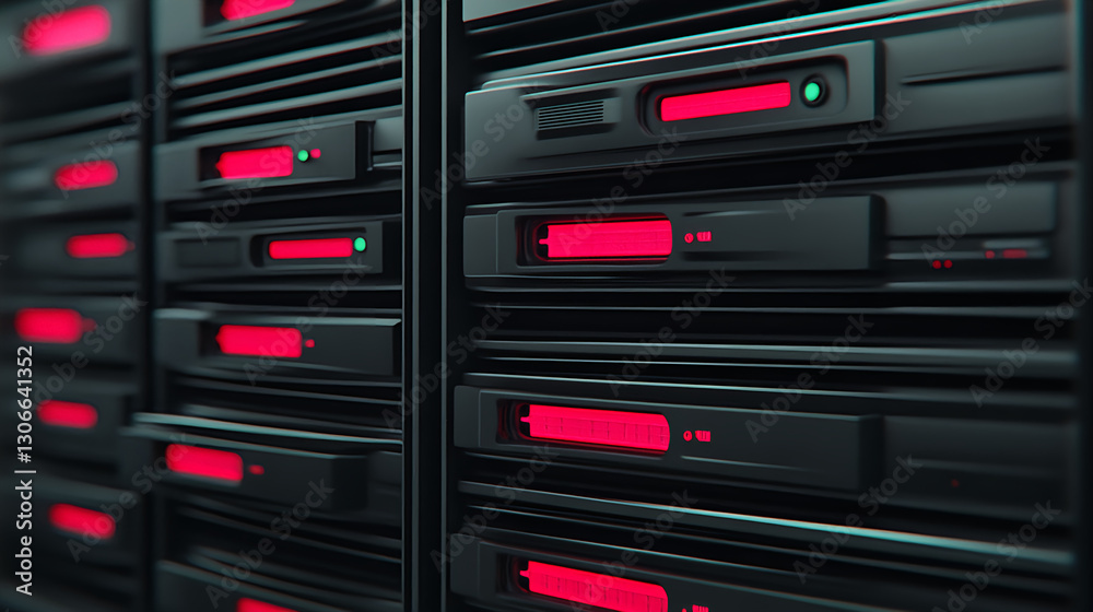 Poster monitoring data flow in server racks data center digital infrastructure high-tech environment close-
