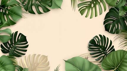 Tropical Leaves Frame on Beige Background