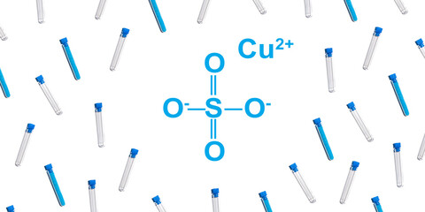 Copper(II) sulfate in test tube with with plug cap. Chemical ingredient used in medical and public health issues.