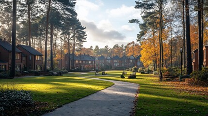 Autumnal suburban pathway, homes, woodland