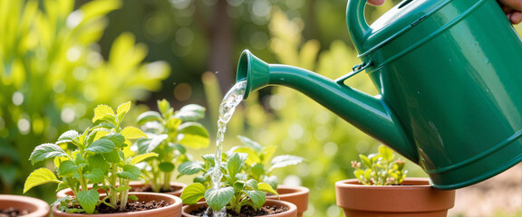 Green watering can pouring water on herb plants in sunlight, nurturing growth