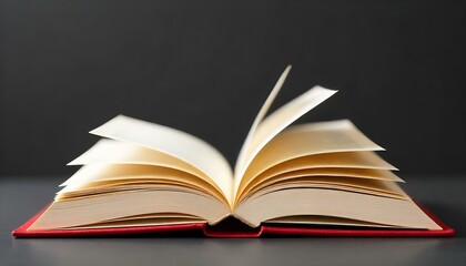 Fototapeta premium A close-up shot features an open book with a red cover, set against a dark gray background