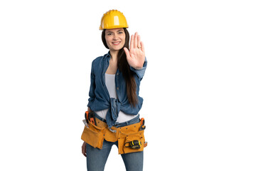 Smiling Female Construction Worker Making Stop Gesture