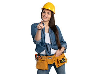 Smiling Female Construction Worker Pointing Forward