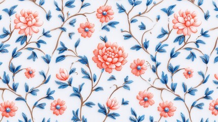 Fototapeta premium Mughal Miniature Art Design, intricate seamless pattern featuring royal motifs, vibrant colors, ornate details, storytelling elements, ideal for textiles or wallpaper.