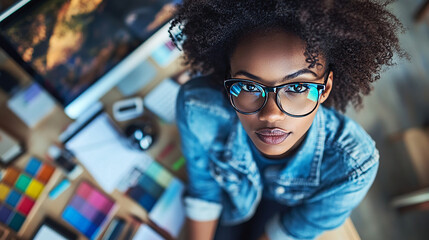 Creative Female Designer with Glasses Working in a Modern Office Environment