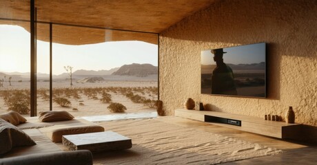 Minimalist desert hideaway modern flat screen tv turned off mounted clay textured wall reflecting soft golden sand outside