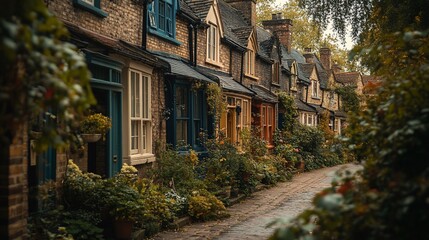 Fototapeta premium Autumnal village street, colorful houses, foliage, cobblestones, travel