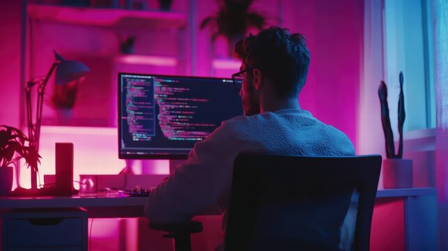 Code Weaver's Realm: A focused programmer immersed in a vibrant, neon-lit workspace, with lines of code dancing across the screen - Powered by Adobe