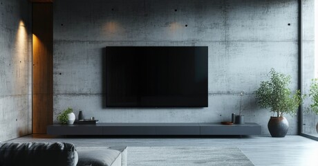 Minimalist black flat screen tv blank display mounted sleek concrete wall reflecting soft ambient lighting modern living room