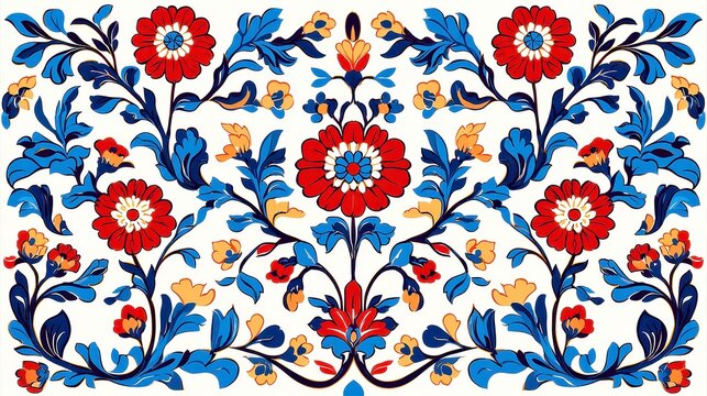 Iznik Tile Elegance, intricate floral and geometric design, vibrant blue and red hues, minimalist backdrop, harmonious and airy atmosphere, inviting open space
