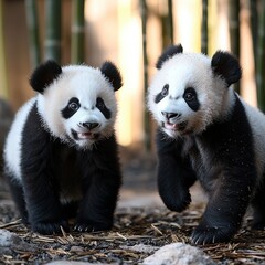 Fototapeta premium A pair of adorable panda bears stroll leisurely through their spacious zoo enclosure, playfully interacting with each other amidst lush greenery and bamboo.