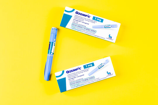 Helsinki. Finland - February 27. 2025: drug Ozempic on yellow background