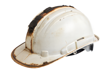 burnt safety helmet with black scorch. Transparent background for accident theme