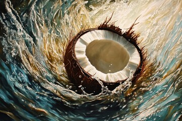 Fototapeta premium Enchanting Coconut Surrounded by Swirling Coconut Water Creates a Mesmerizing Tropical Scene