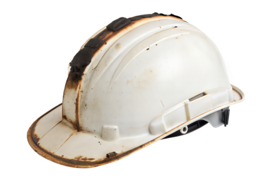 burnt safety helmet with black scorch. Transparent background for accident theme