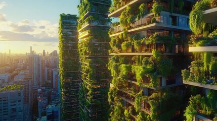 Obraz premium Green residential buildings are integrated into a metropolitan cityscape at sunrise